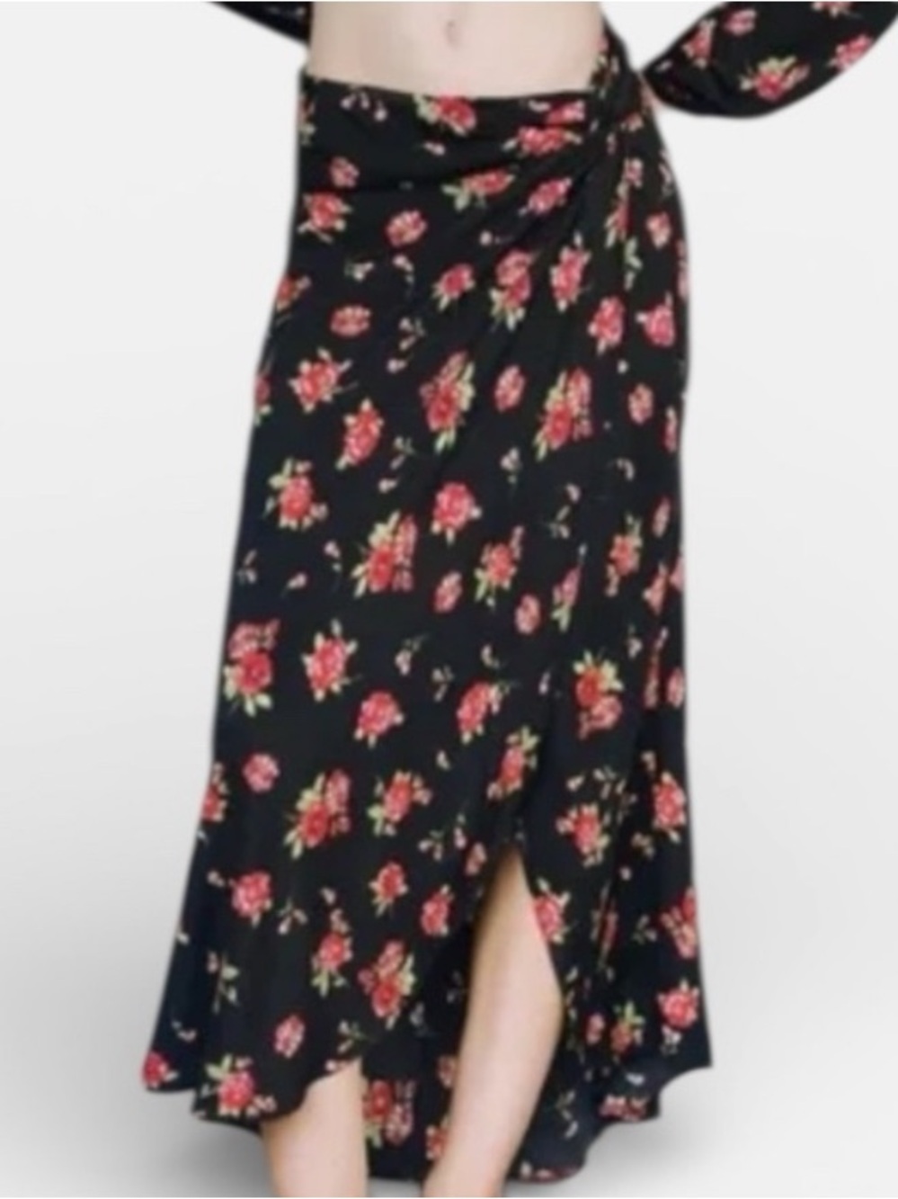 Zara Black Maxi Skirt with Red Floral Print and Slit